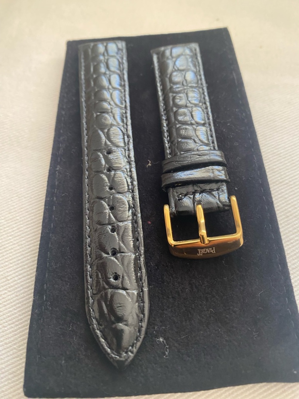 Black Croc-Embossed Leather Watch Strap with Gold Buckle Piaget 20mm